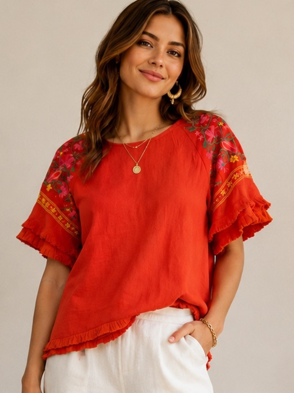 Umgee Orange Embroidered Ruffle Sleeve Top - Unbranded